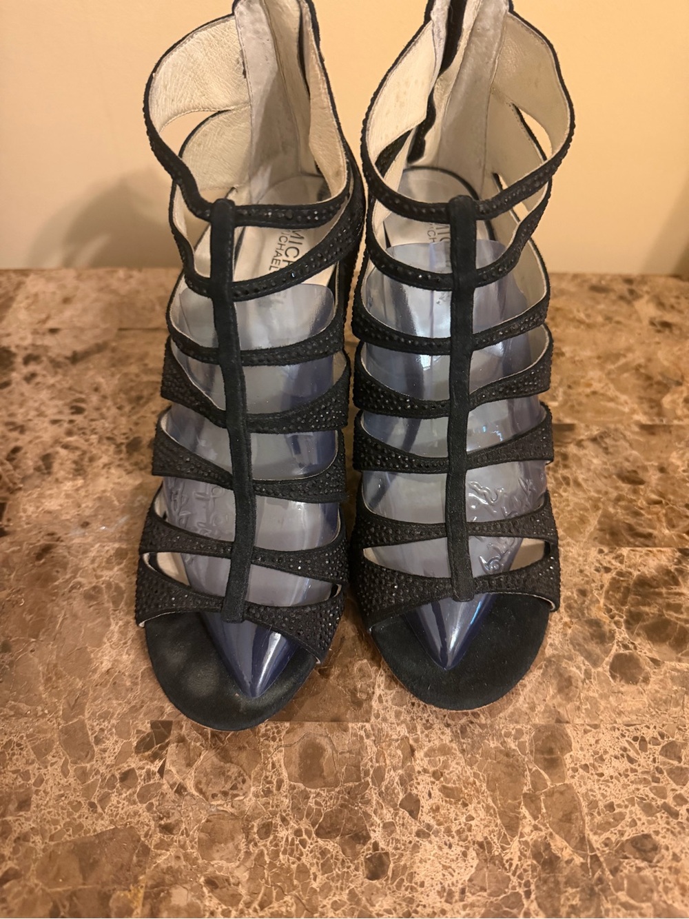 Michael Kors Black Strappy Cage Peep-Toe Rhinestone sparkling Heels